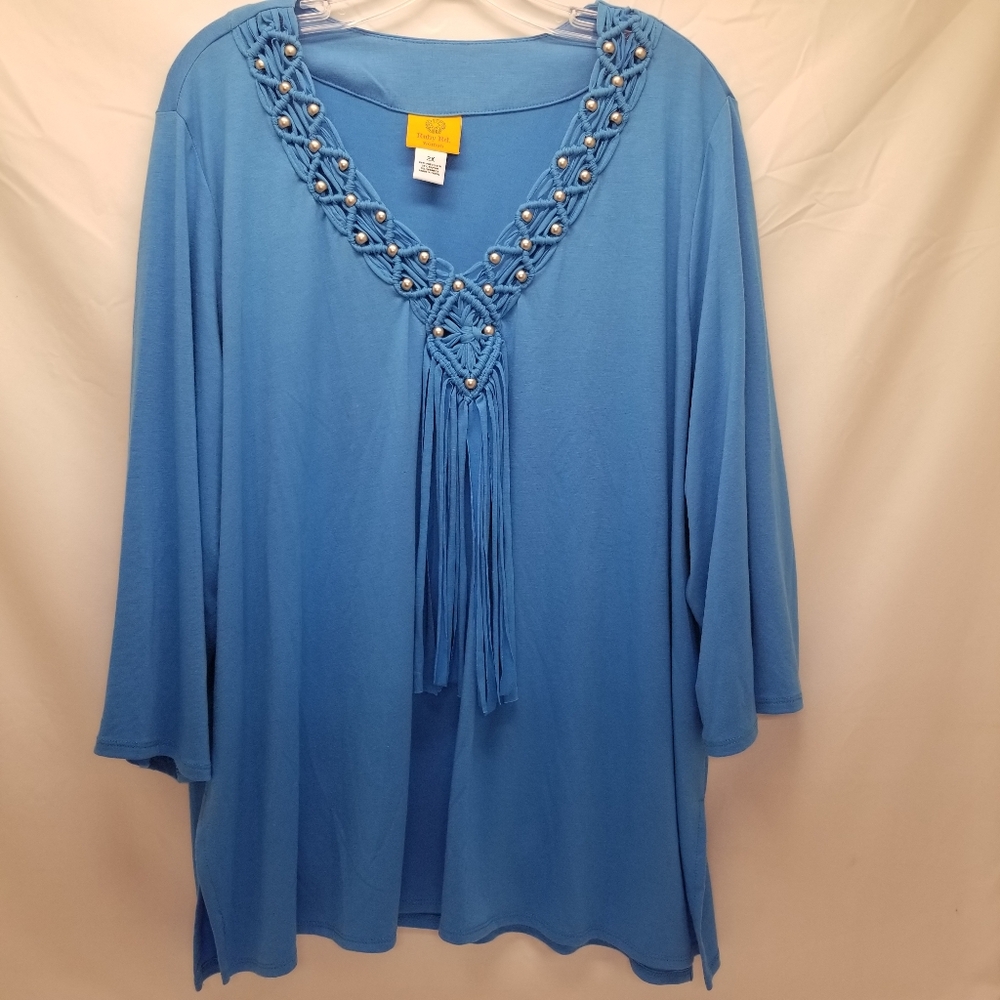 Ruby Rd Womans Size 2X Blouse Jersey Knit Beaded Macrame V Neck 3/4 Sleeve